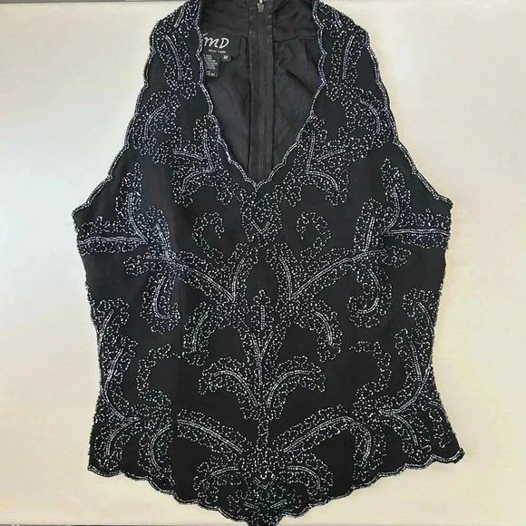 JMD New  York Black Beaded Sleeveless Halter Dressy Top V Neckline Medium - Picture 14 of 16